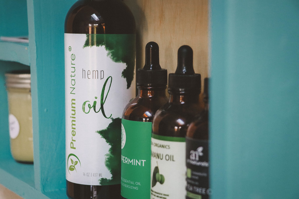 Hemp oil bottles on a shelf