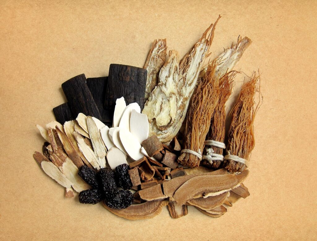 Traditional dried botanical ingredients arranged on a table
